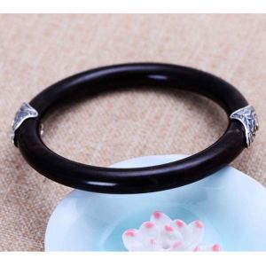 Retro Carved Jewelry Sterling Silver Ebony Women Bangle Bracelet (B20180101)