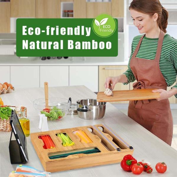 Bamboo 6 In 1 Ziplock Bag Storage Organizer With Cutter Functional Design Single Tier