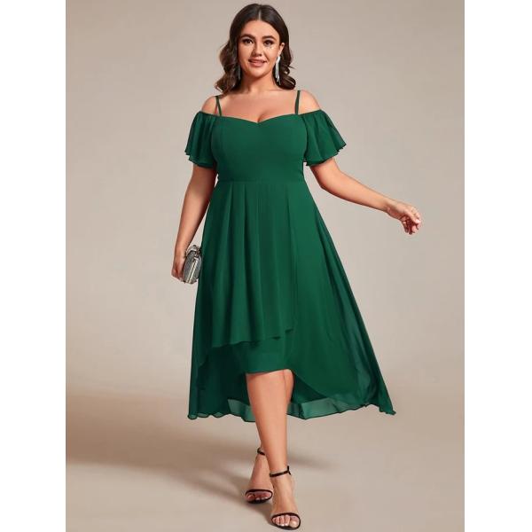 Empire Off-shoulder Spaghetti Strap Zipper High-low Wedding Guest Short Sleeves Dark Green Chiffon Homecoming Dress