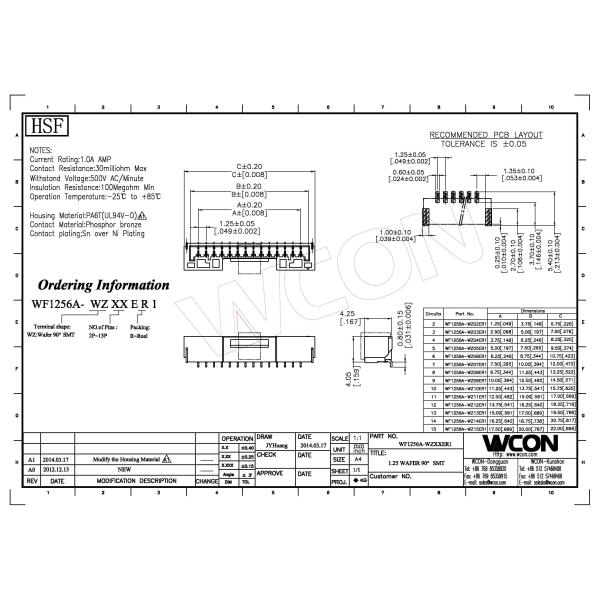 1.25 Mm Pitch Connectors Right Angle SMT Wafer Wire To Board Connector