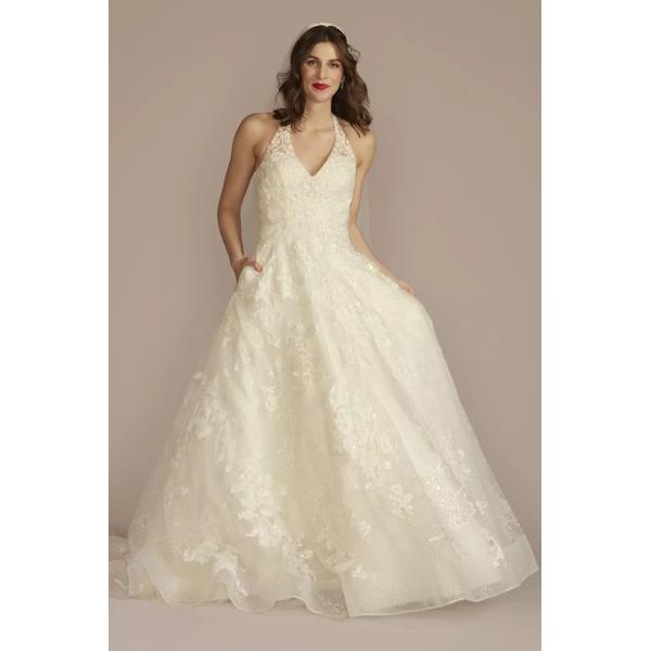 Romantic Appliques Lace Chapel Train Back Zipper V-neck Halter Beaded Ball Gown White Organza Wedding Dress