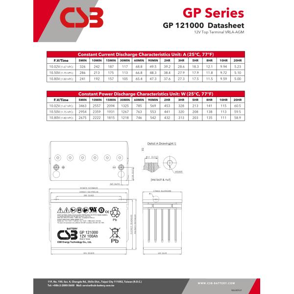 CSB Battery GP121000 12V 100Ah High Performance Rechargeable Maintenance-Free Lead Acid Battery 12V 100Ah