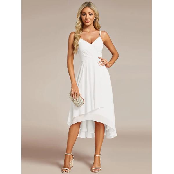 Popular V-neck Spaghetti Strap Empire A-line High-low Chiffon Wedding Guest Dress White Midi Prom Dress