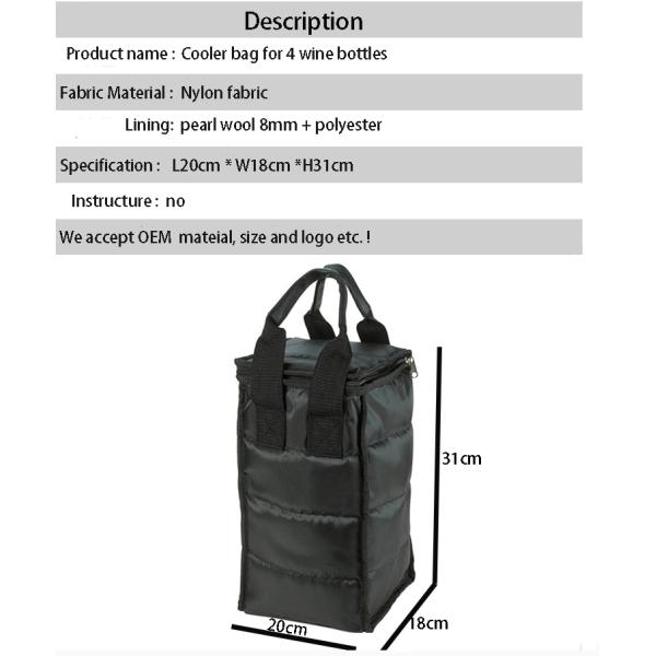 Factory supply Ice insulated nylon wine bottle cooler bag for four wines