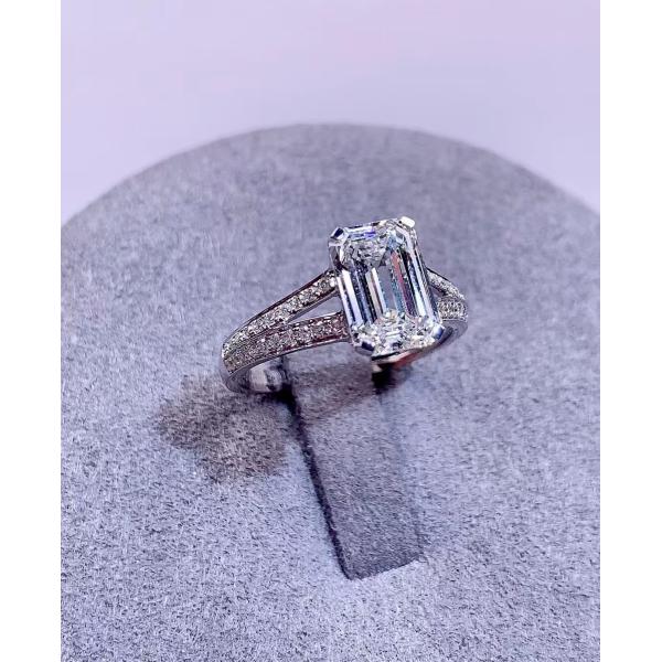 Emerald Cut 2.1ct Colorless White Lab Diamond Solitaire Ring With Pave Band 18k Gold