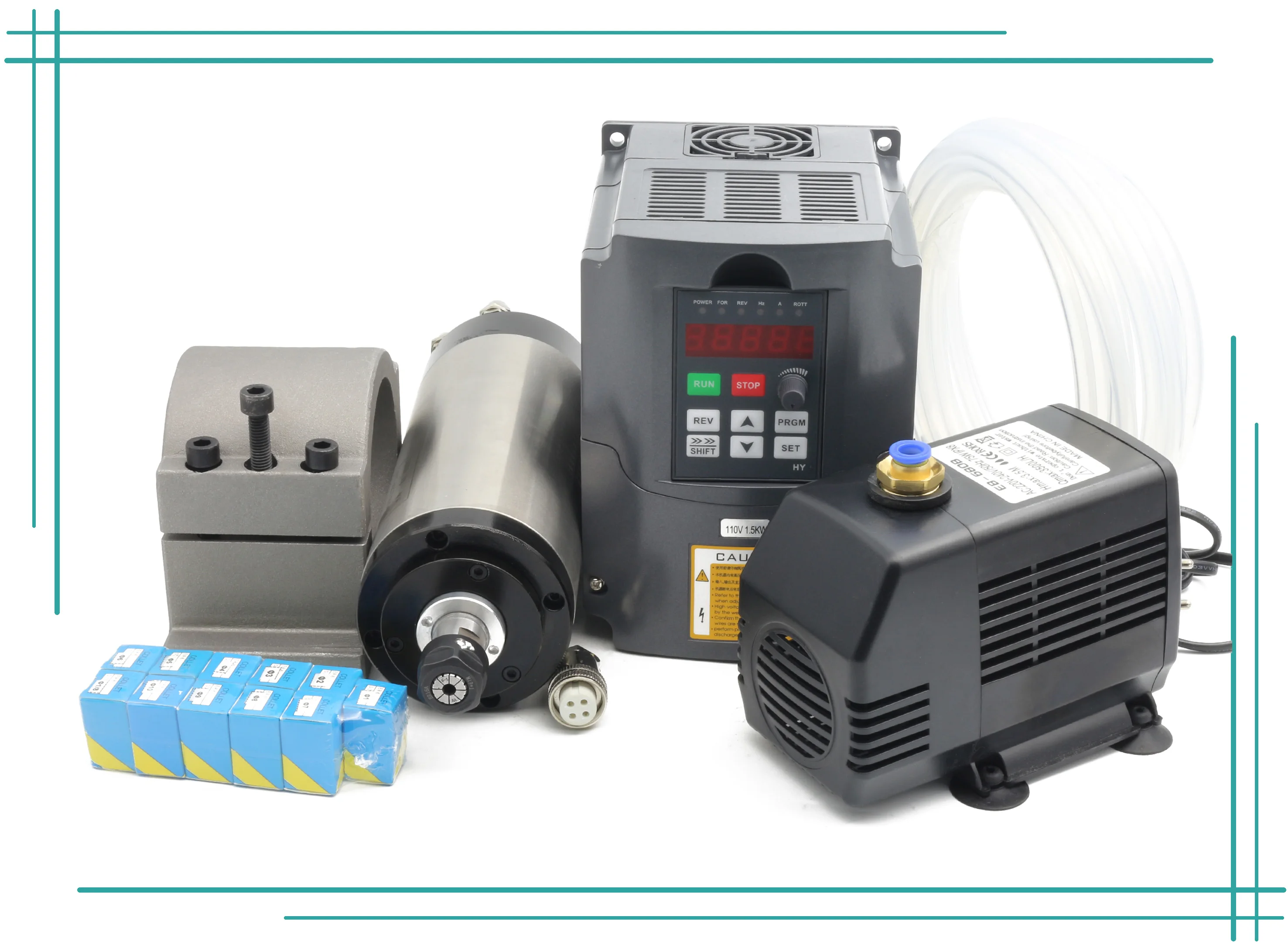 1.5KW Water Cooled CNC Spindle Motor ER16 with HY VFD Inverter 80mm Spindle Clamp