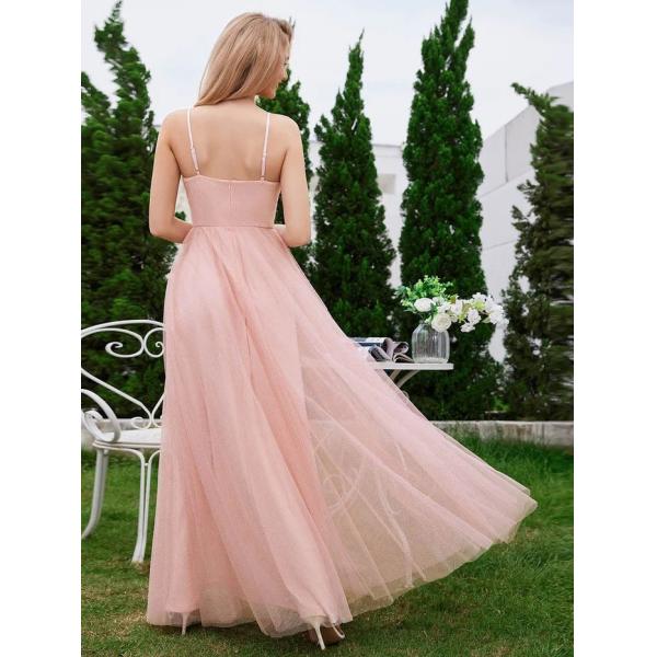 High Slit And Lace Pearl Waist Sleeveless V-neck A-line Empire Spaghetti Strap Pleated Pink Tulle Bridesmaid Dress