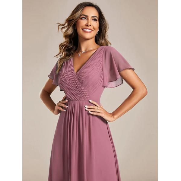 Chic V-neck High-low Short Flutter Sleeves A-line Ruffles Midi Invisible Zipper Purple Orchid Chiffon Cocktail Dress