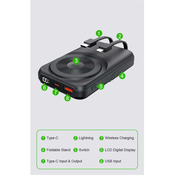Magnetic Wireless Power Bank Charger Built In Cable 10000mAh