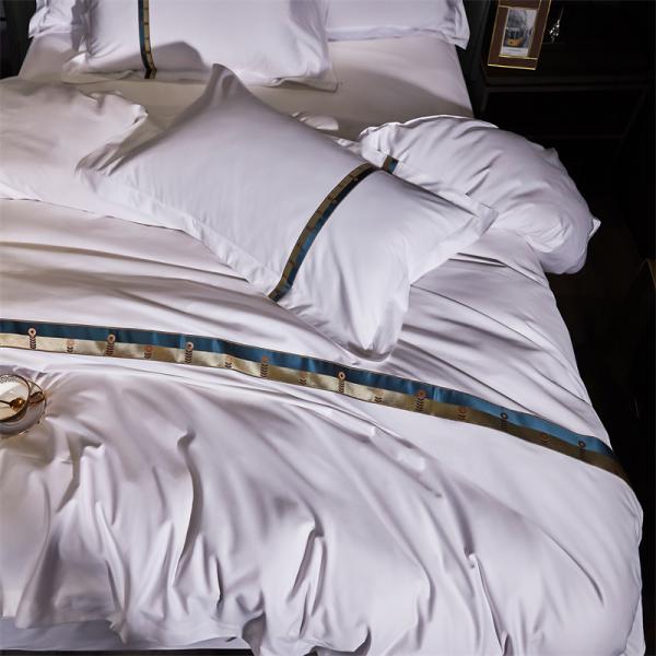 Home Custom 100% Cotton Satin Wide strip 60s Jet White Embroidery Luxury Duvet Cover Set