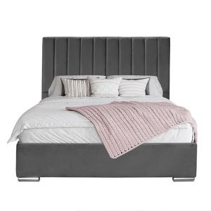 Grey Velvet Ottoman Gas Lift Storage Bed Faux Leather With High Headboard