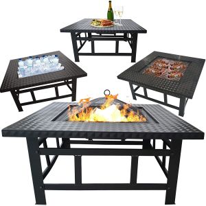 4 In 1 Wood Burning Barbecue Fire Pit Log Grate, Grill, Mesh Lid, Dining Cover