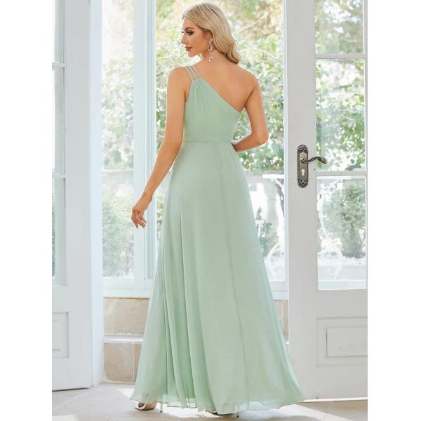 Asymmetry Custom Size Spaghetti Strap One-shoulder A-line Mint Green Flowy Chiffon Bridesmaid Dress