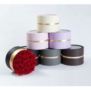 Round Bouquet Corrugated Cardboard Packaging Rose Flower Bucket Boxes Gold Window Opening