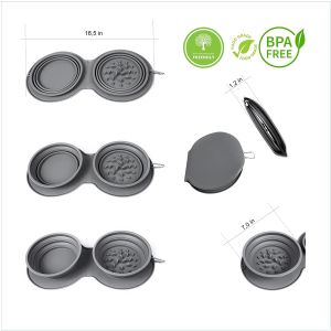 Travel Dog Bowl Collapsible Slow Feeder Double Pet Bowl Silicone Mat