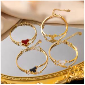 Popular Waterproof Black Red Clover Bangle 18K Gold Stainless Steel Gold Four