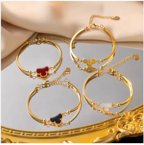 Popular Waterproof Black Red Clover Bangle 18K Gold Stainless Steel Gold Four