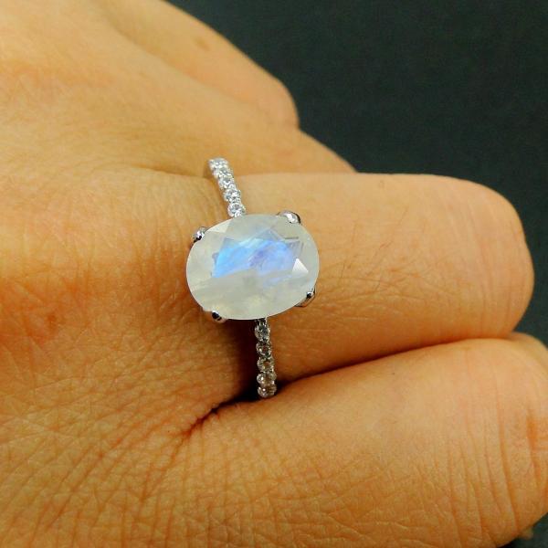 Elegant Plated Oval Cut Claw Setting Moonstone With CZ Rings Engagement Women Anniversary Ring
