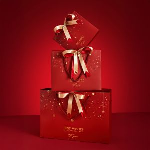 Customized Printed Red Christmas Paper Bags with Ribbon Bow