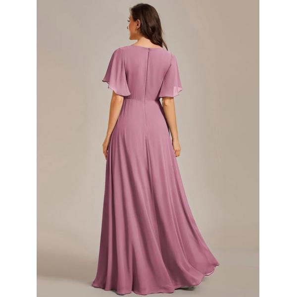 Sexy Empire Applique A-line Short Flutter Sleeves V-neck Invisible Zipper Purple Orchid Chiffon Bridesmaid Dress