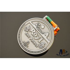 Personalized Dragon Engraved Medals Antique Silver Plated With Woven Ribbon