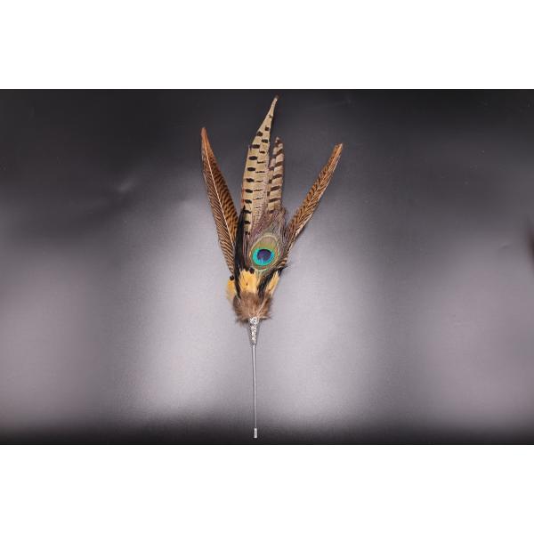 10*30 cm Brass Brooch featuring Dyed Pheasant Feather Flower Mount Detail Option