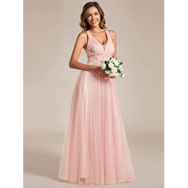 Charming Empire Beaded Sleeveless V-neck Ruffled Spaghetti Strap A-line Pink Tulle Evening Dress