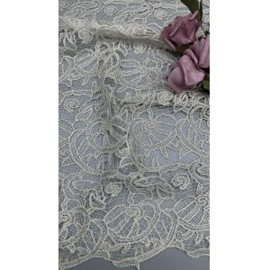 100% Polyester French Chantilly Lace Fabric For Garments Gowns Hollow-up White