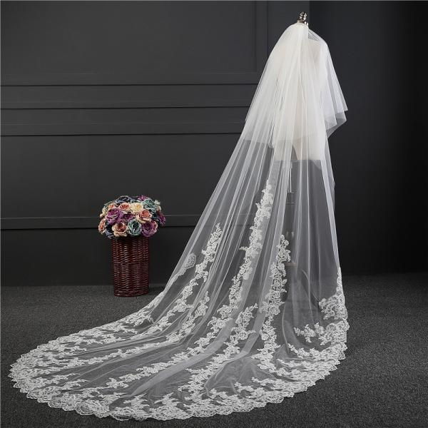 New Styles Customized Two Layers Appliqued Lace 3.5m*1.8m Tulle Bridal Wedding White Veil With Hair Comb