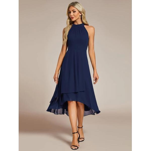 Popular A-line Sleeveless Halter Neck Wedding Guest Dress Navy Blue Chiffon Cocktail Dresses