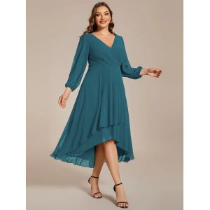 Plus Size Ruffled A-line Long Sleeve V-neck High Low Wedding Guest Black Chiffon