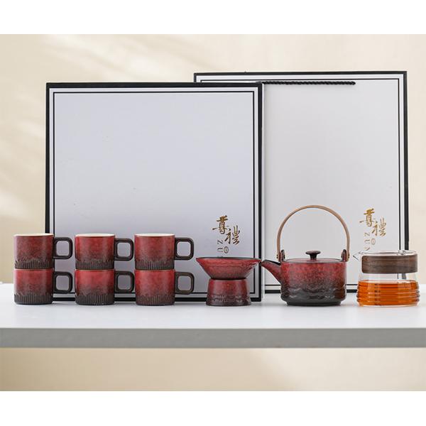 Ceramic Porcelain Coffee Cup Set with Wooden Handle and Gradient Glaze Customized Logo