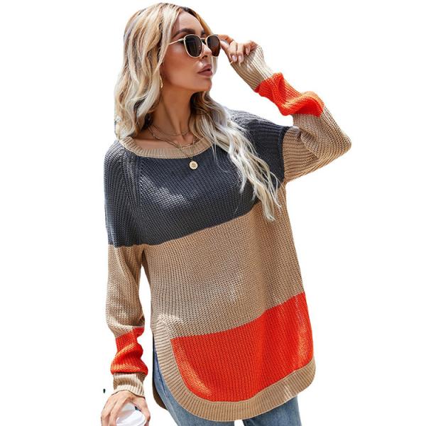 Buy 2024 Autumn and Winter New Women's Top Mid length High Split Contrast Color Pullover Long sleeved Sweater at wholesale prices