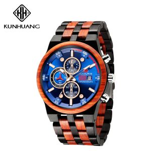 Man Blue Dial Stripes Wooden Quartz Watch Business Wristwatch Water Proof 1020-2