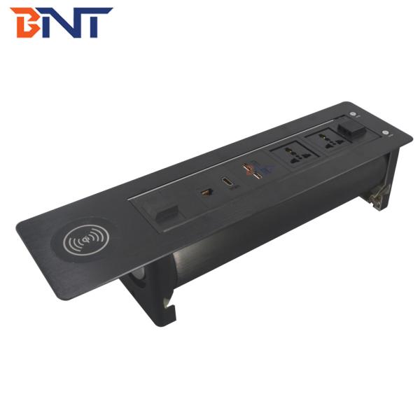 black rotation with wireless charger motrorized electric table flip up media socket