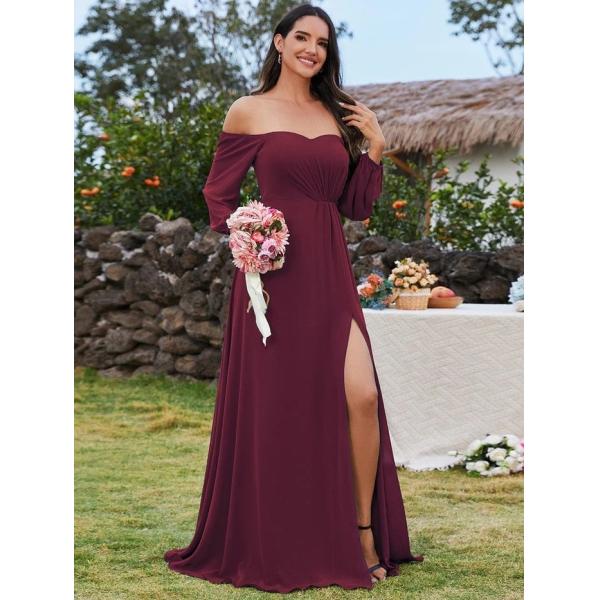 Plus Size Ruffled Long Sleeve High Slit Off-shoulder High Slit Burgundy Chiffon Prom Dress