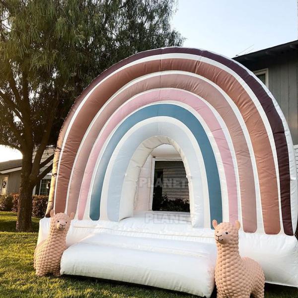 PVC tarpaulin outdoor party rental Inflatable Rainbow bouncer with slide kids combo bounce house