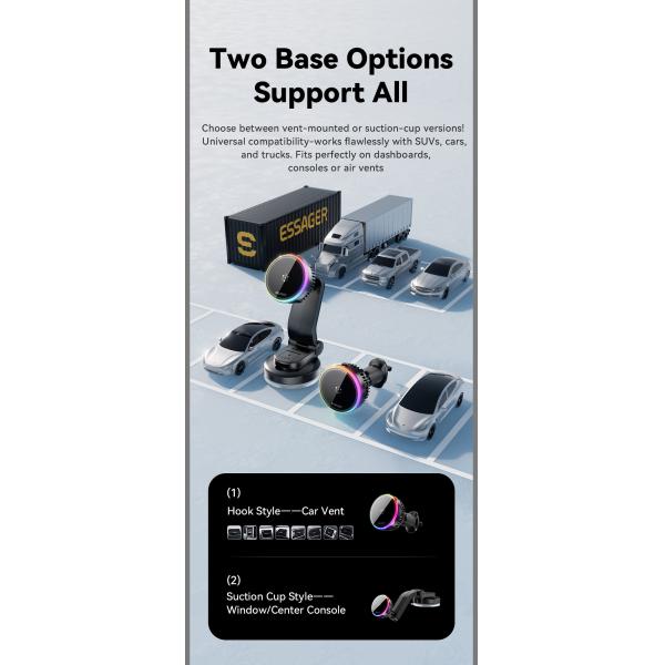 ESSAGER T2 15W Wireless Fast Charging Vacuum Suction Magnetic Car Phone Holder 360 Rotation