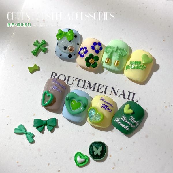 2023 new Nail charms green color frosted heart bow flowers 3d nail art summer jewelry for nail salon