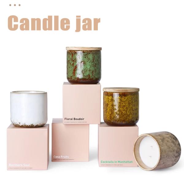 Vintage Fancy Ceramic Candle Containers With Wooden Lids Cylinder Shape