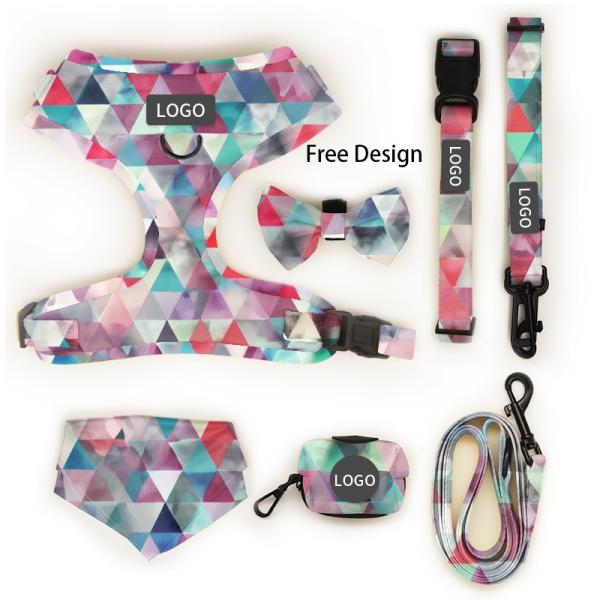 Buy Custom Designers Dogs Logo Luxury Soft Padded Reversible Dog Harness Vest and Collar Leash Bow Bandana Pet Harness Sets at wholesale prices