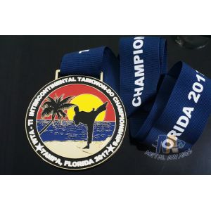 Taekwondo Round Custom Race Medals Sandblast Effect With Gold Plating