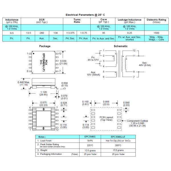 EPC3546G & EPC3546G-LF SMPS Flyback PoE Power Transformer 25W PoE Applications Isolated Inductors
