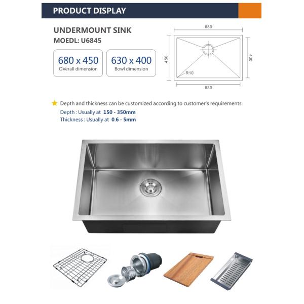 68x45 Undermount 16 Gauge Single Bowl Stainless Steel Kitchen Sinks