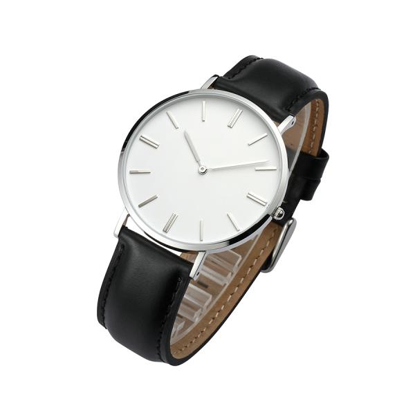 Fashionable Silver Stainless Steel Watch Waterproof Black Calf Leather Strap
