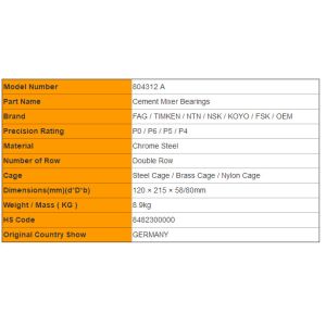 Double Row 804312 A Concret Mixer Bearing Chrome Steel Oil Seal