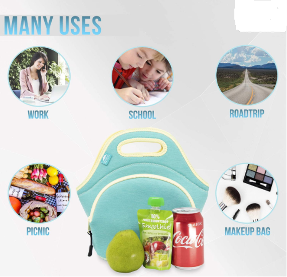 Kids Women Tote Neoprene Lunch Bag Insulated Reusable Washable Extra Thick