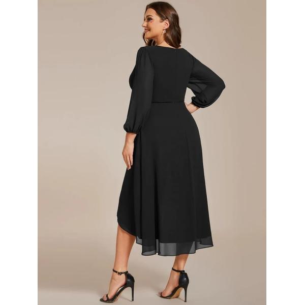 Elegant Empire Long Sleeve V-neck High Low A-line Ruffled Midi Black Chiffon Wedding Guest Cocktail Dress