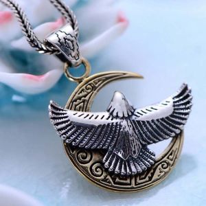 Two Tone Silver Retro Necklace with Crescent Eagle Pendant(XH047444)