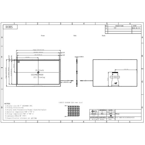 650 Nits Brightness 10.1 Inch TFT LCD Display Wide Temperature Range